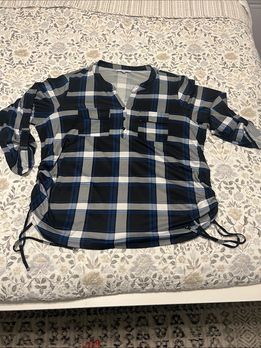 Women's Blue Plaid Tunic Top with Roll-Tab Sleeves